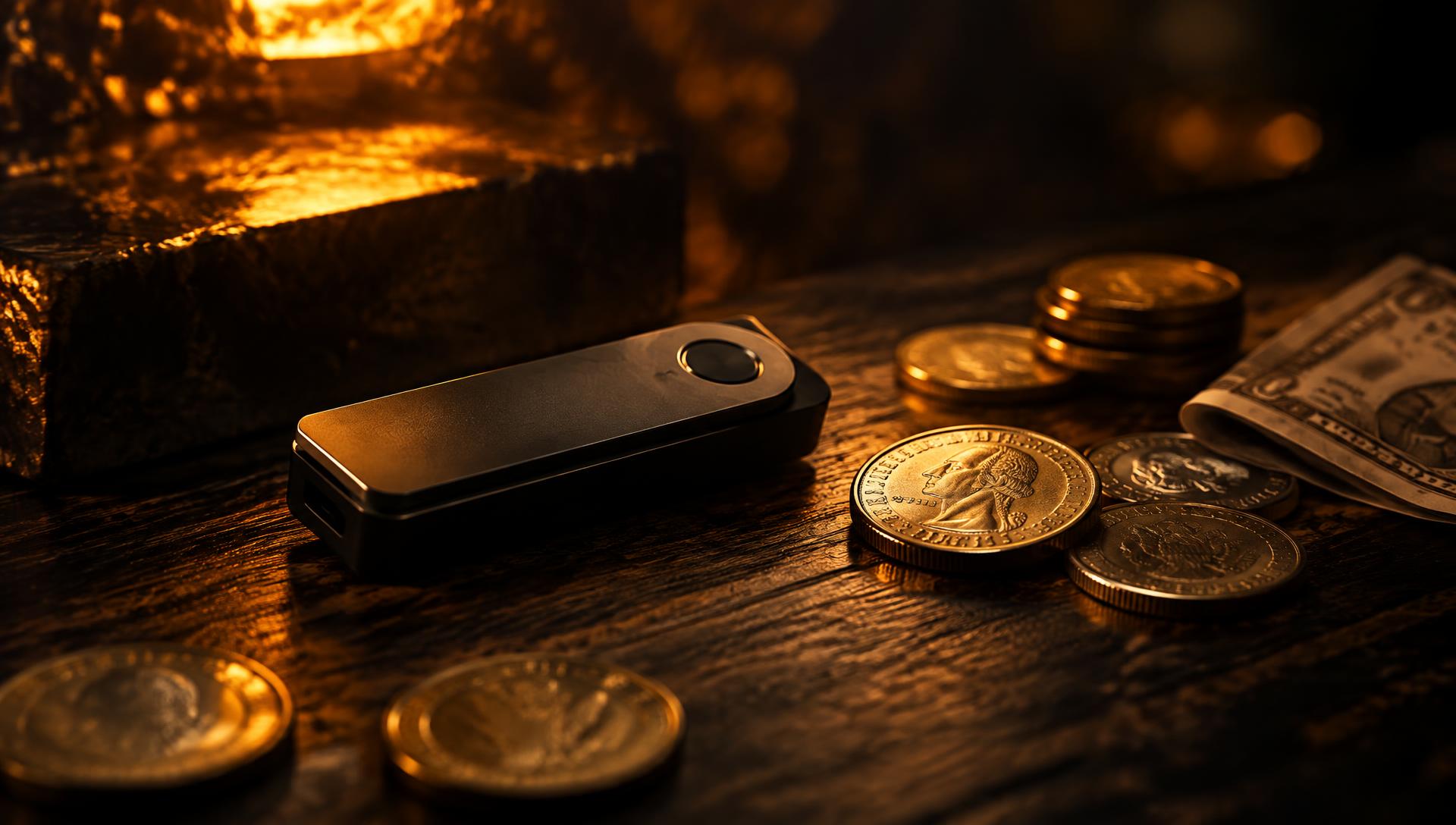 Hardware wallet sobre a mesa ao lado de moedas de dólar douradas